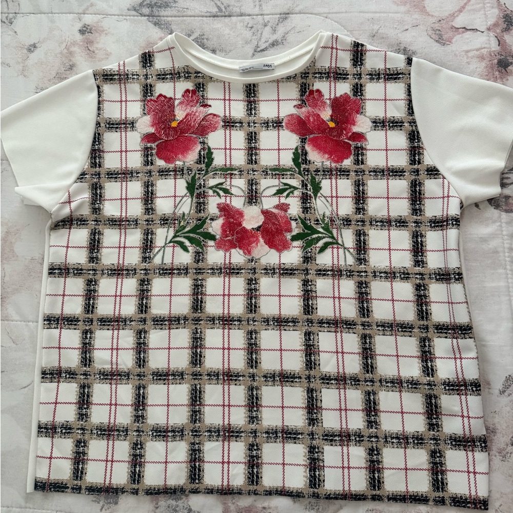 Zara White and Red Floral Plaid Blouse